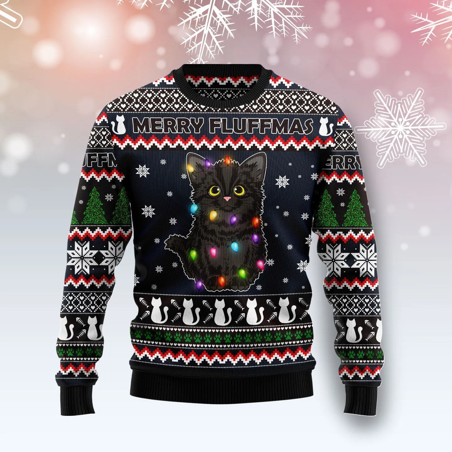 Christmas Ugly Sweater Black Cat Fluffmas Funny Unisex Sweater Gift