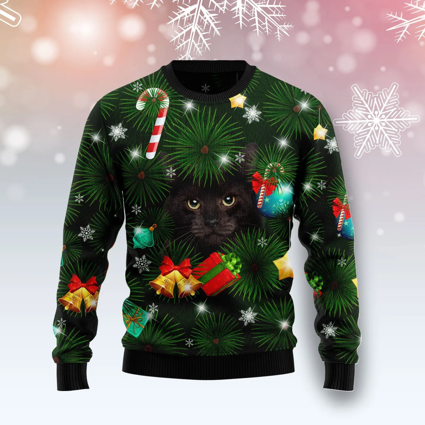 Christmas Ugly Sweater Black Cat Inside Tree Funny Unisex Sweater Gift