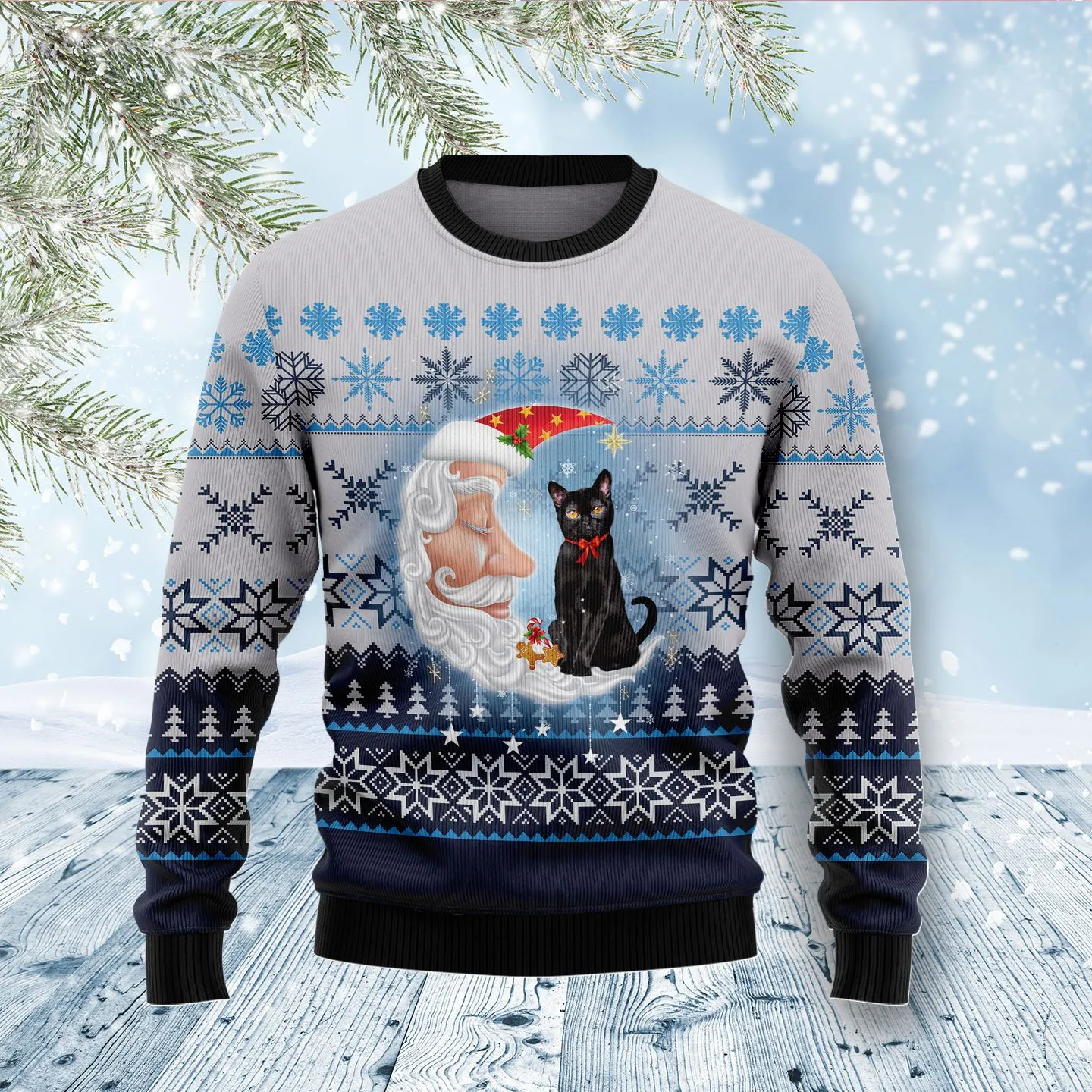 Christmas Ugly Sweater Black Cat Love Santa Moon Funny Unisex Sweater Gift