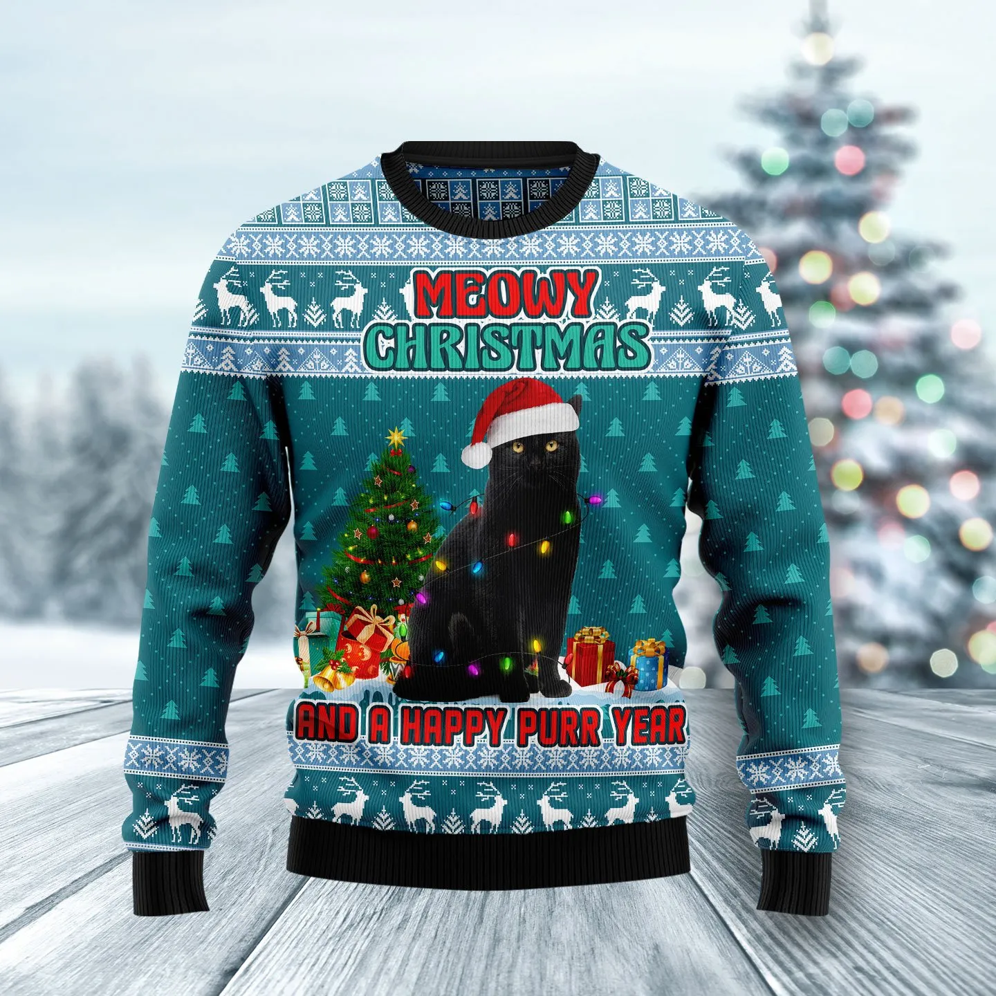 Christmas Ugly Sweater Black Cat Meomy Christmas Happy Purr Year Funny Unisex Sweater Gift