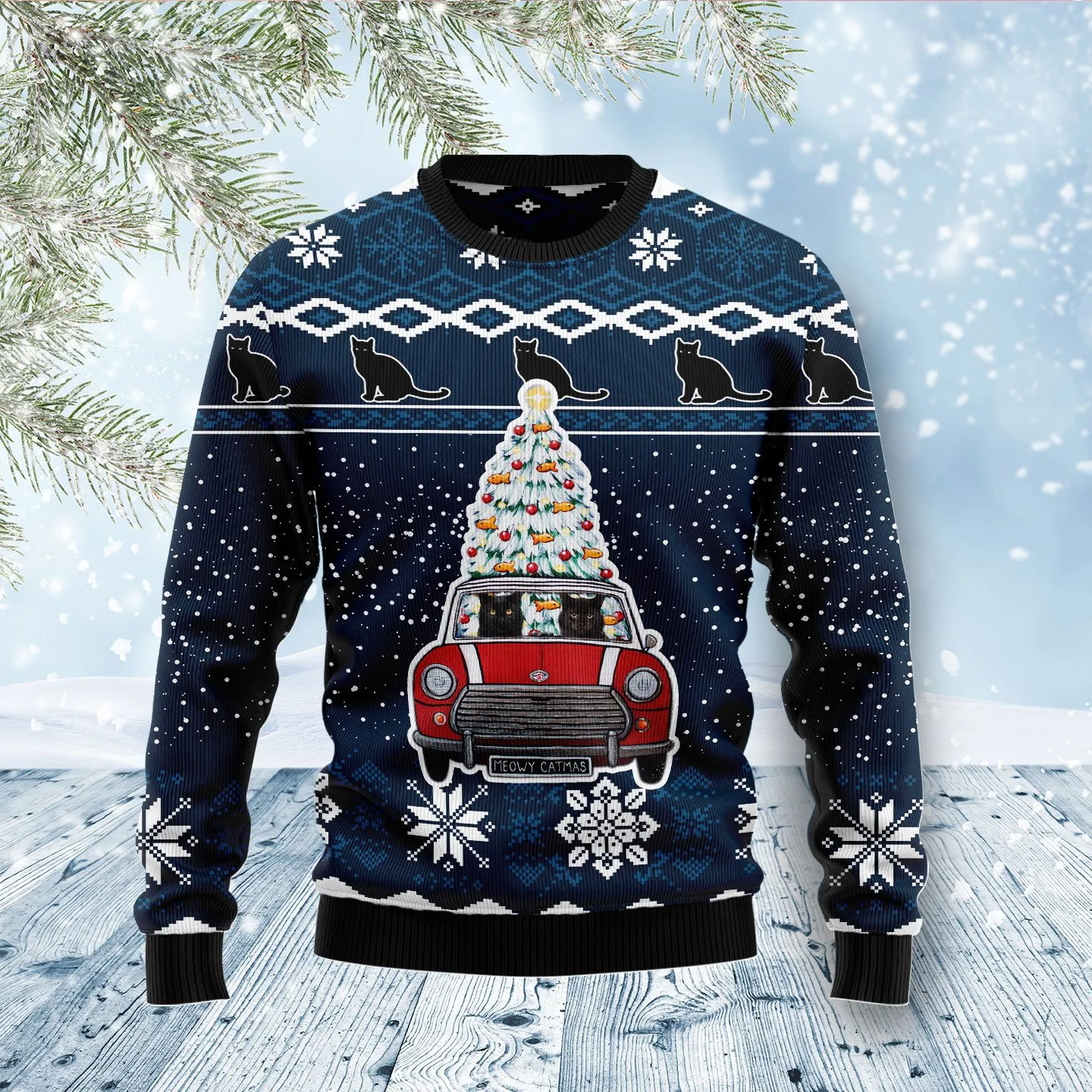 Christmas Ugly Sweater Black Cat Meowy Catmas Funny Unisex Sweater Gift