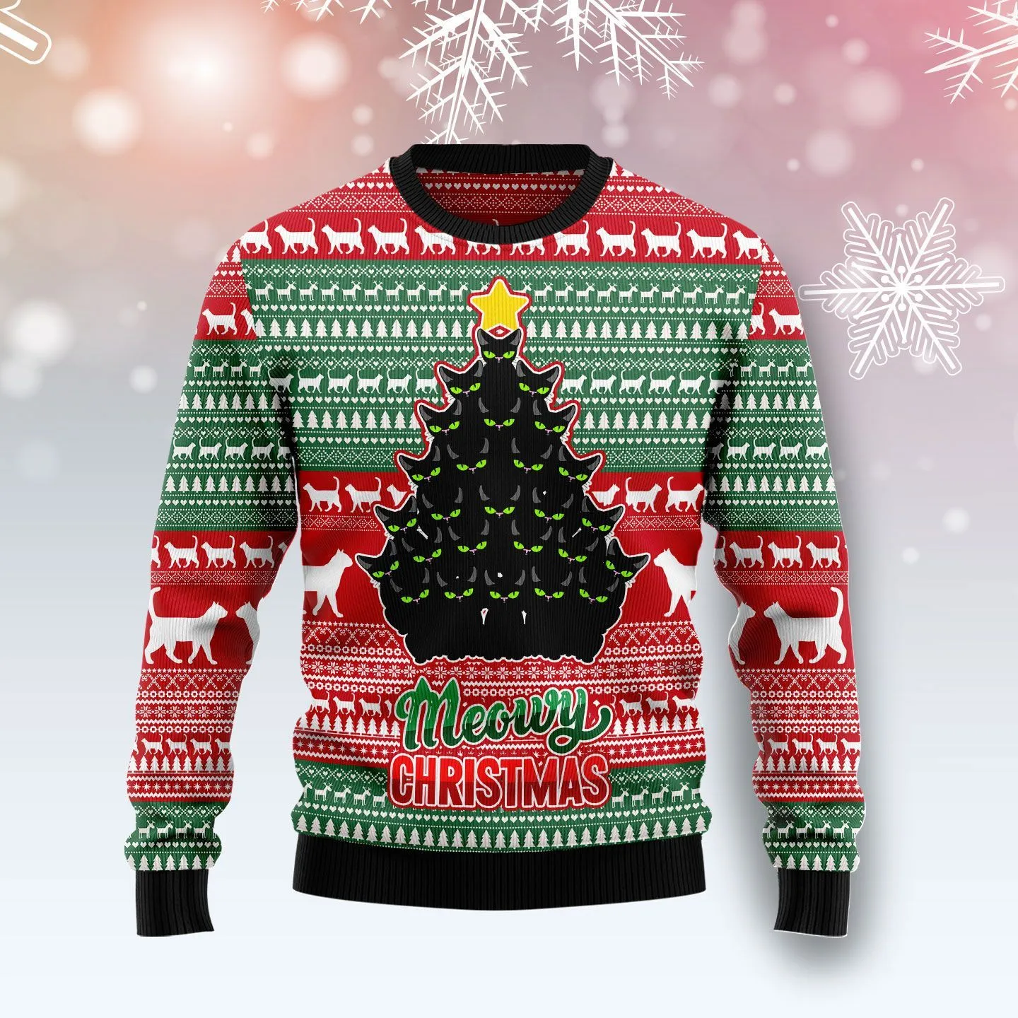 Christmas Ugly Sweater Black Cat Meowy Funny Unisex Sweater Gift