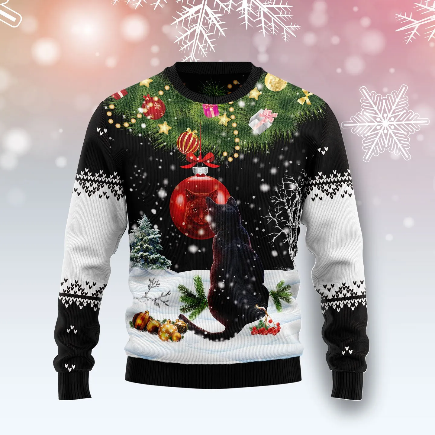 Christmas Ugly Sweater Black Cat Mirror Funny Unisex Sweater Gift