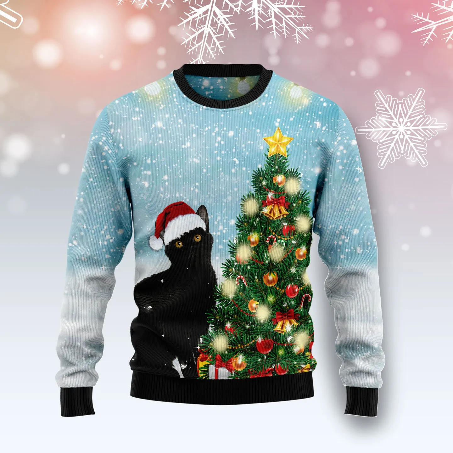 Christmas Ugly Sweater Black Cat Noel Tree Funny Unisex Sweater Gift