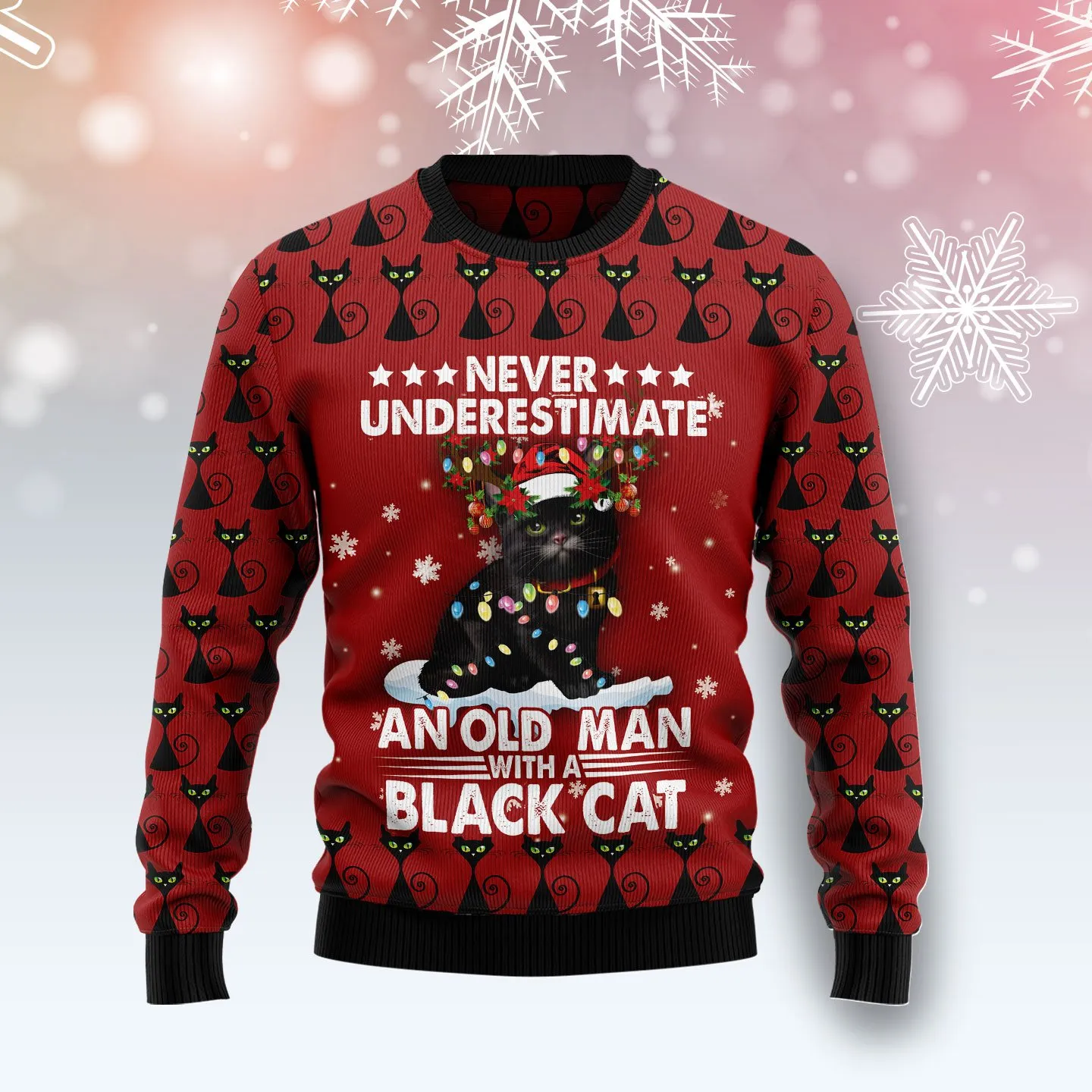 Christmas Ugly Sweater Black Cat Old Man Funny Unisex Sweater Gift