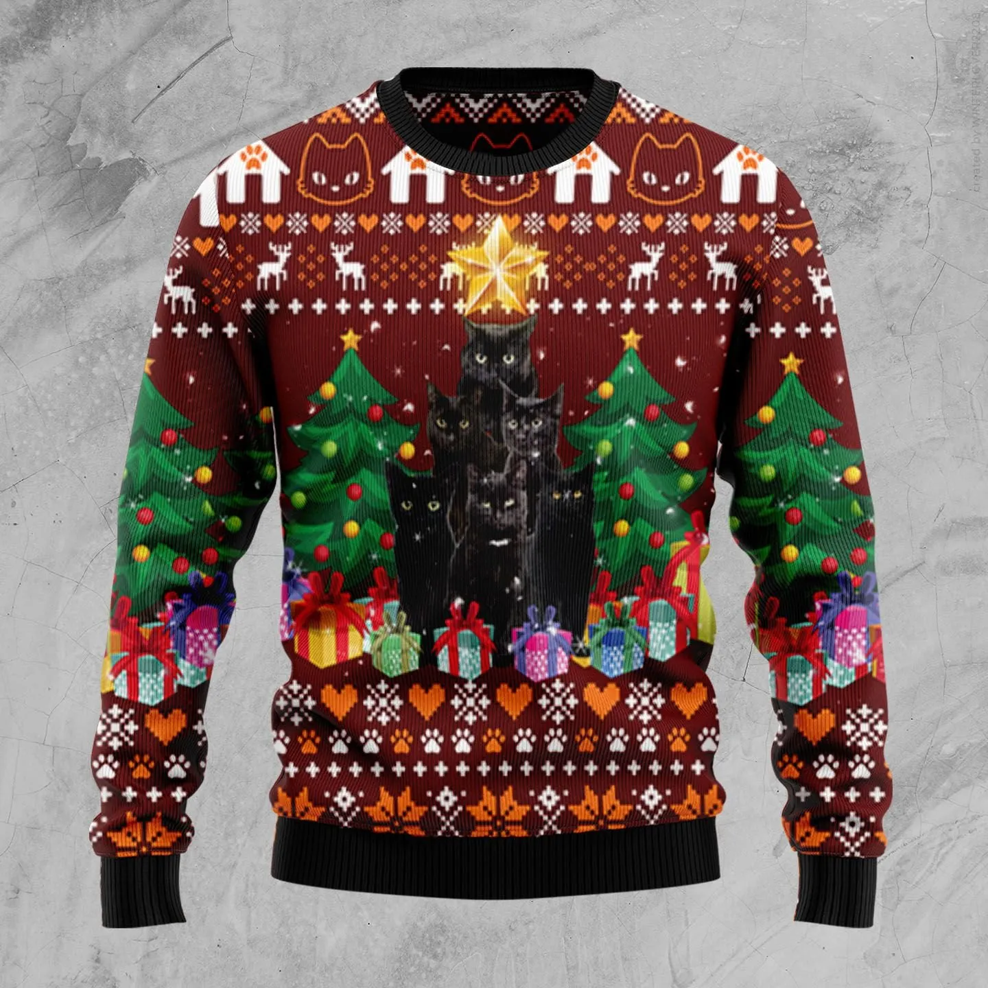 Christmas Ugly Sweater Black Cat Pine Tree Funny Unisex Sweater Gift