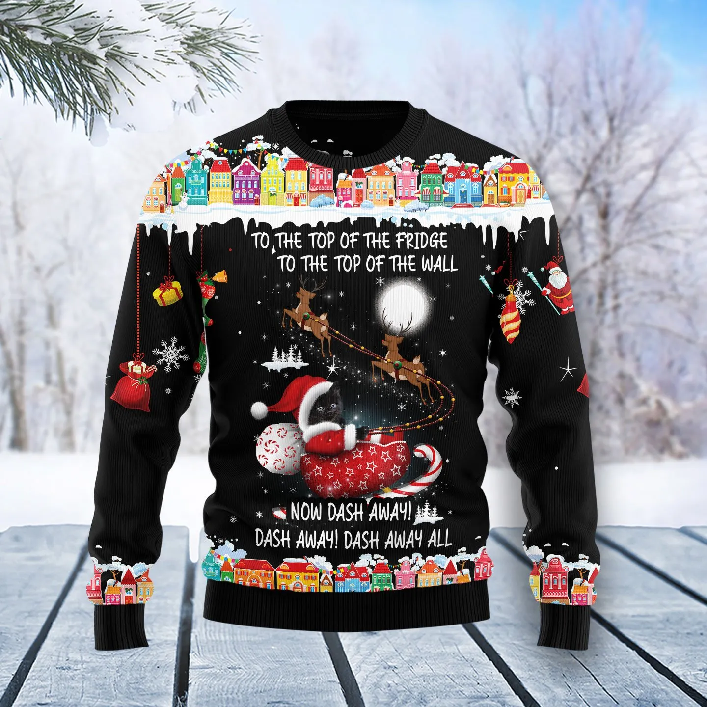 Christmas Ugly Sweater Black Cat Sleigh Christmas Funny Unisex Sweater Gift