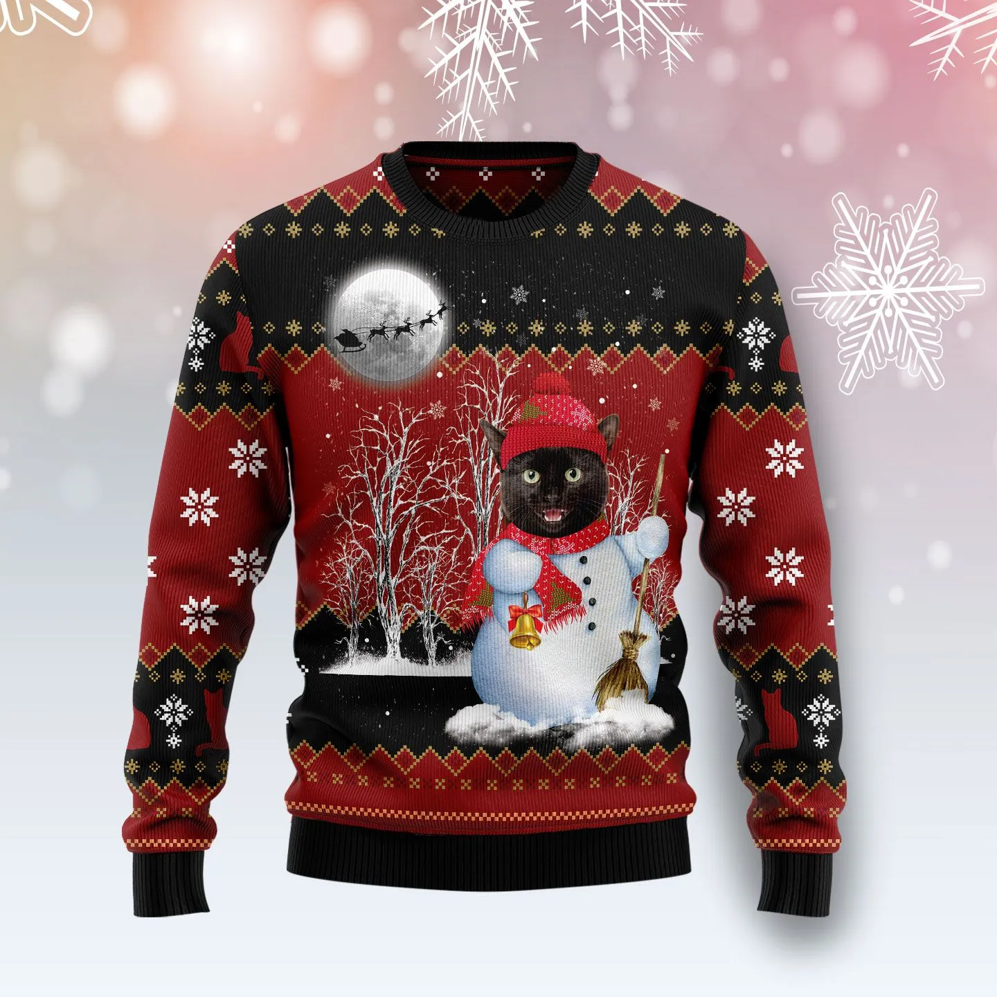 Christmas Ugly Sweater Black Cat Snowman Funny Unisex Sweater Gift