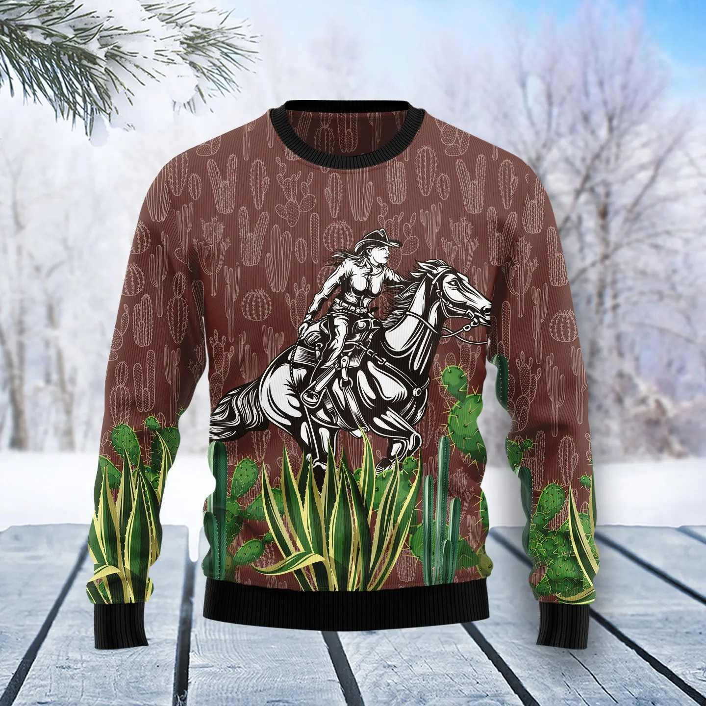 Christmas Ugly Sweater Cowgirl Cactus Funny Unisex Sweater Gift