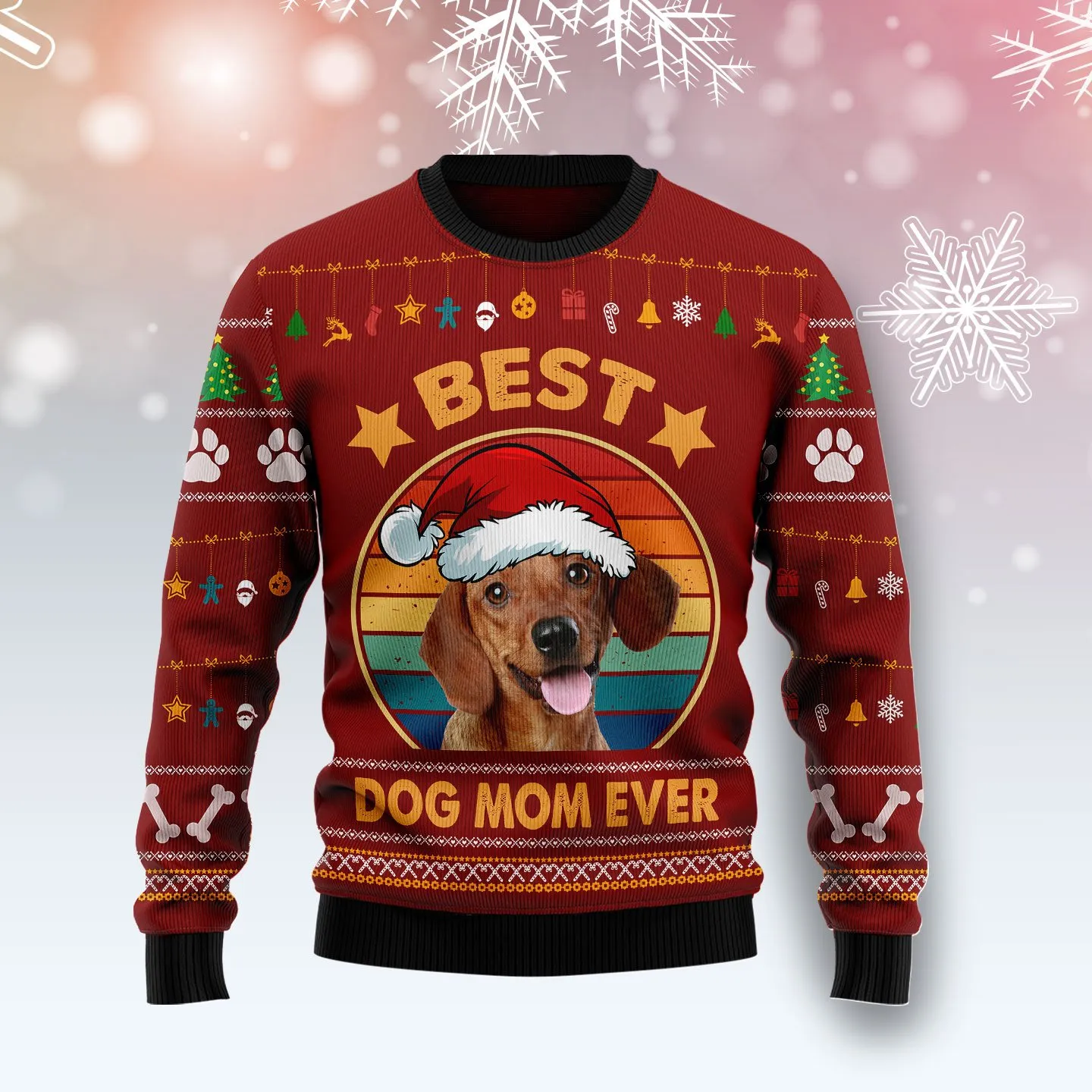 Christmas Ugly Sweater Dachshund Best Dog Mom Ever Funny Unisex Sweater Gift