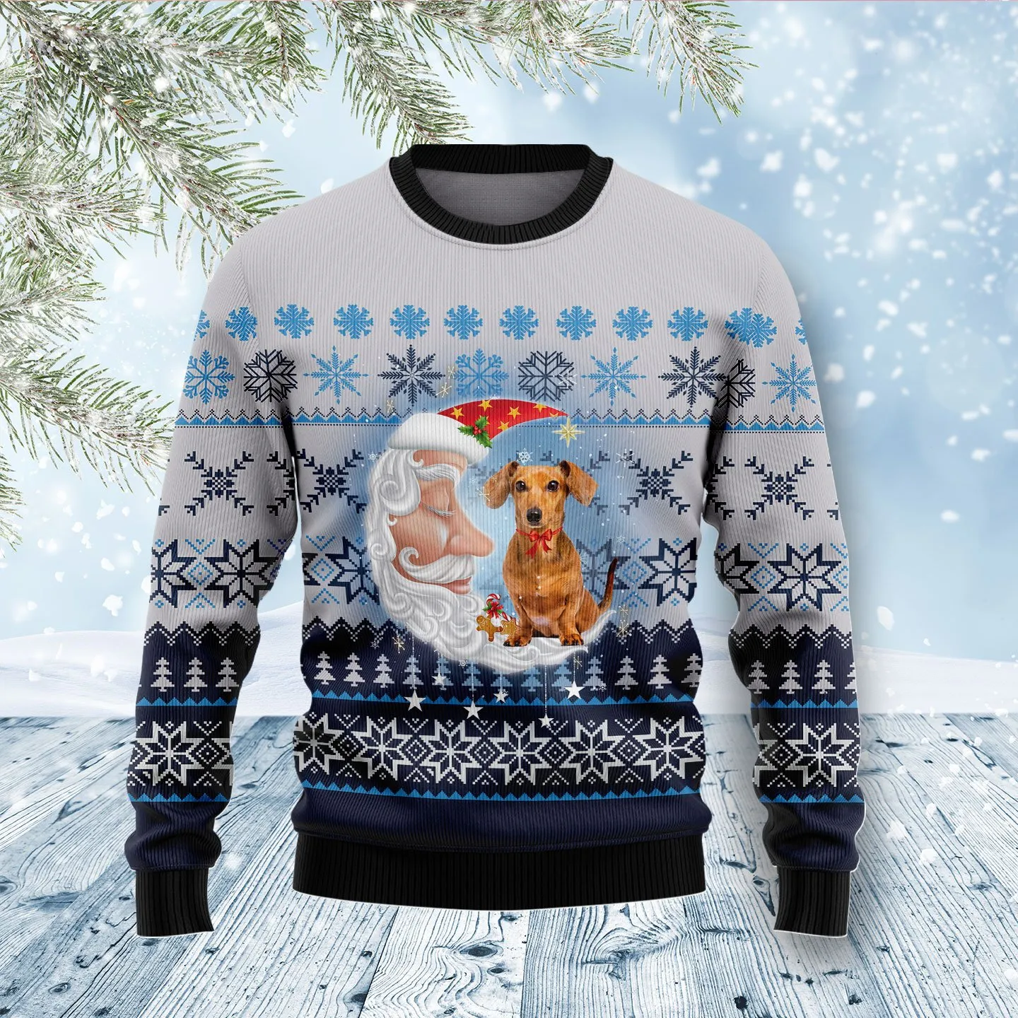 Christmas Ugly Sweater Dachshund Love Santa Moon Funny Unisex Sweater Gift