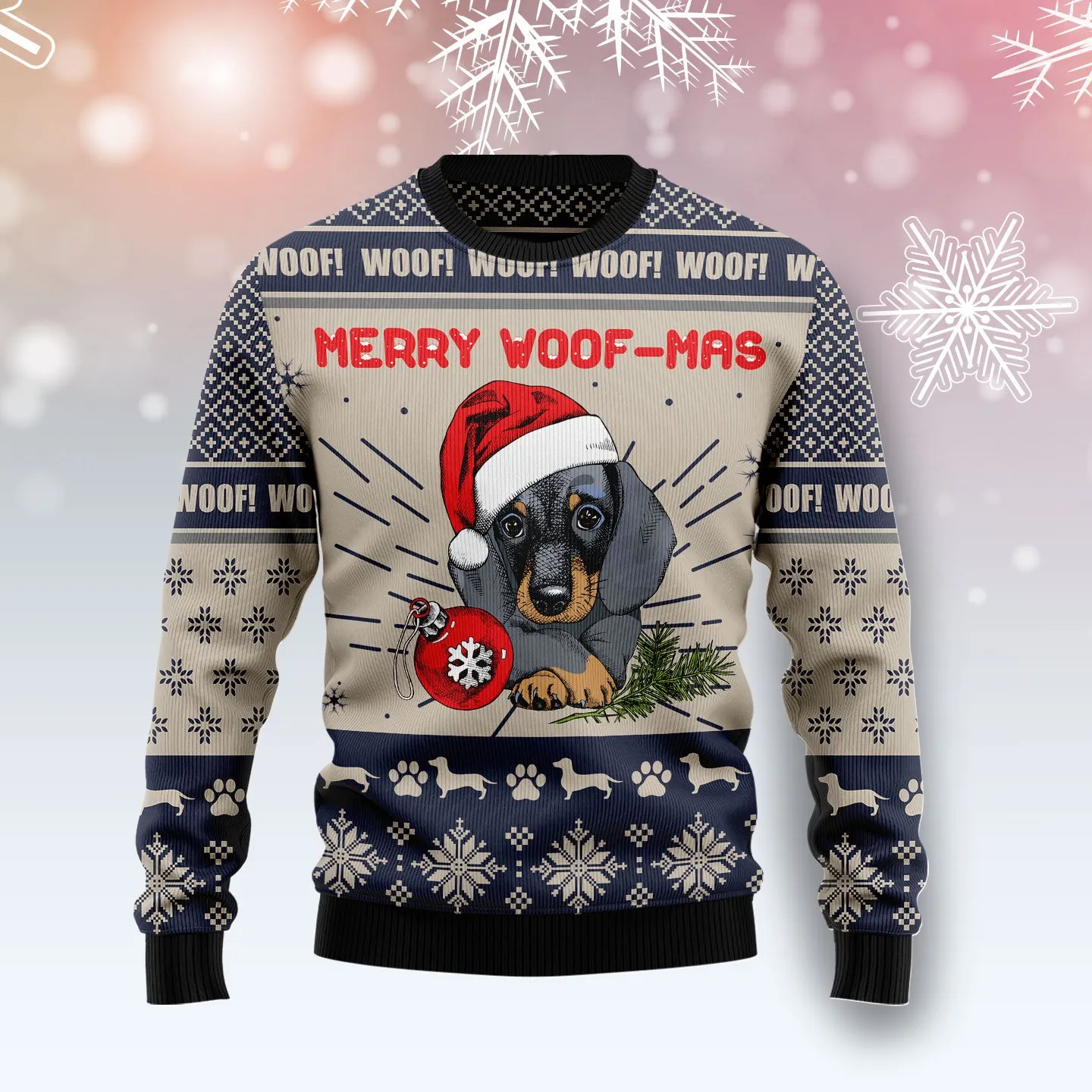 Christmas Ugly Sweater Dachshund Merry Woofmas Funny Unisex Sweater Gift
