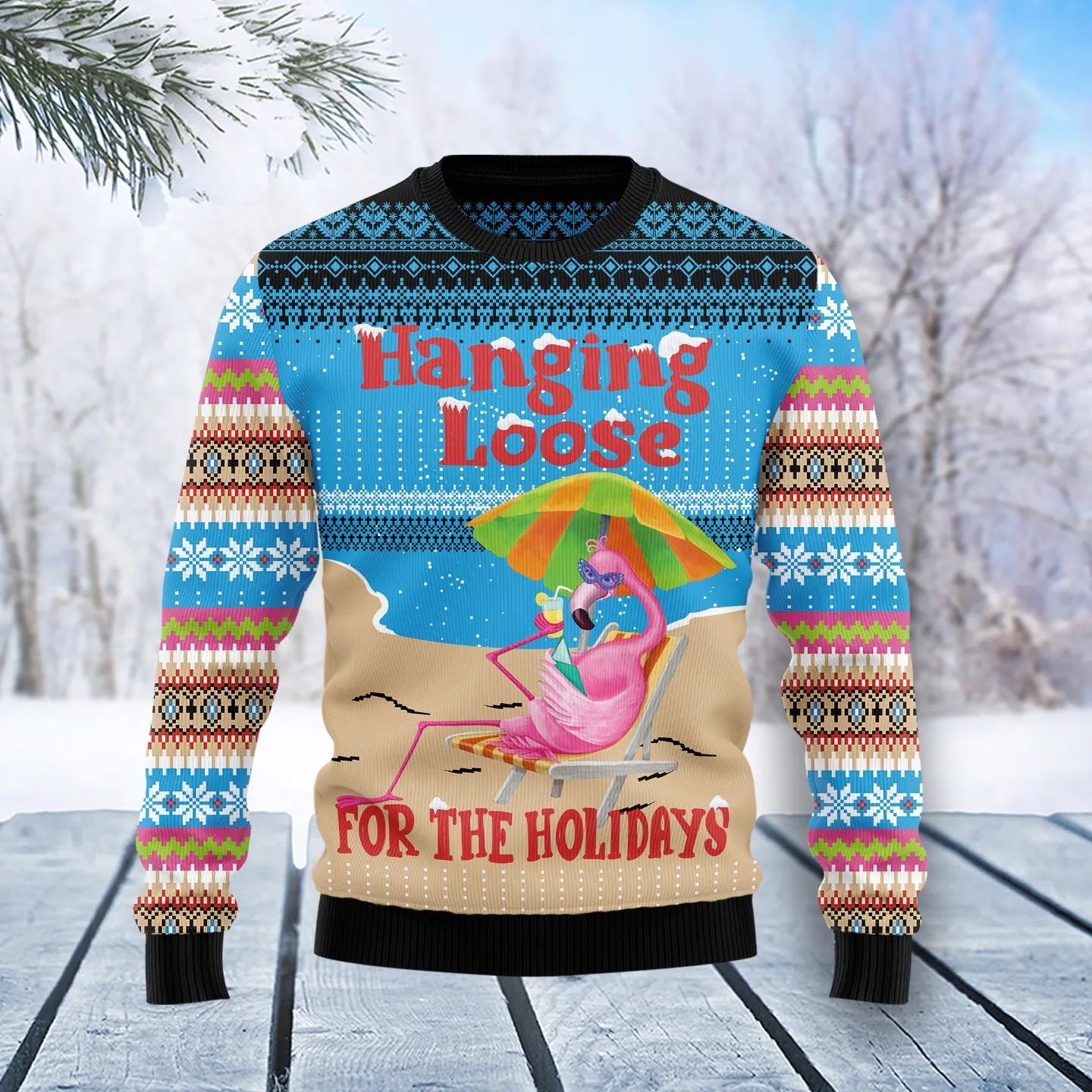 Christmas Ugly Sweater Flamingo Hanging Loose Holiday Funny Unisex Sweater Gift