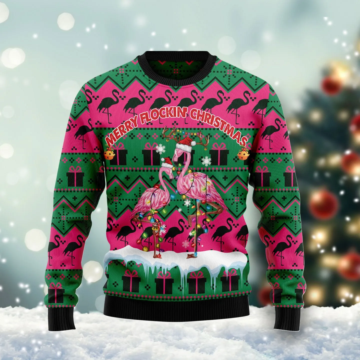 Christmas Ugly Sweater Flocking Flamingo Funny Unisex Sweater Gift