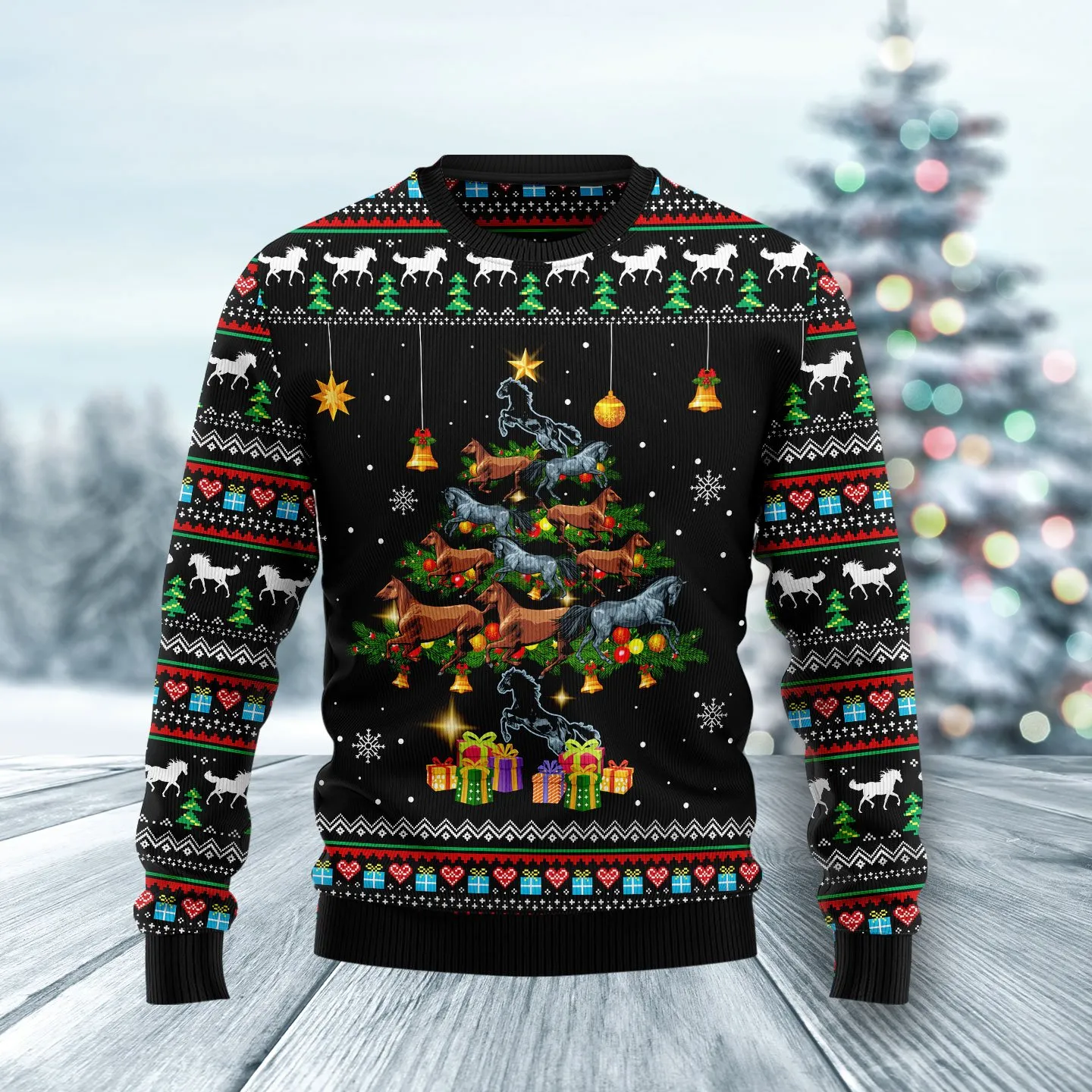 Christmas Ugly Sweater Horse Christmas Tree Funny Unisex Sweater Gift