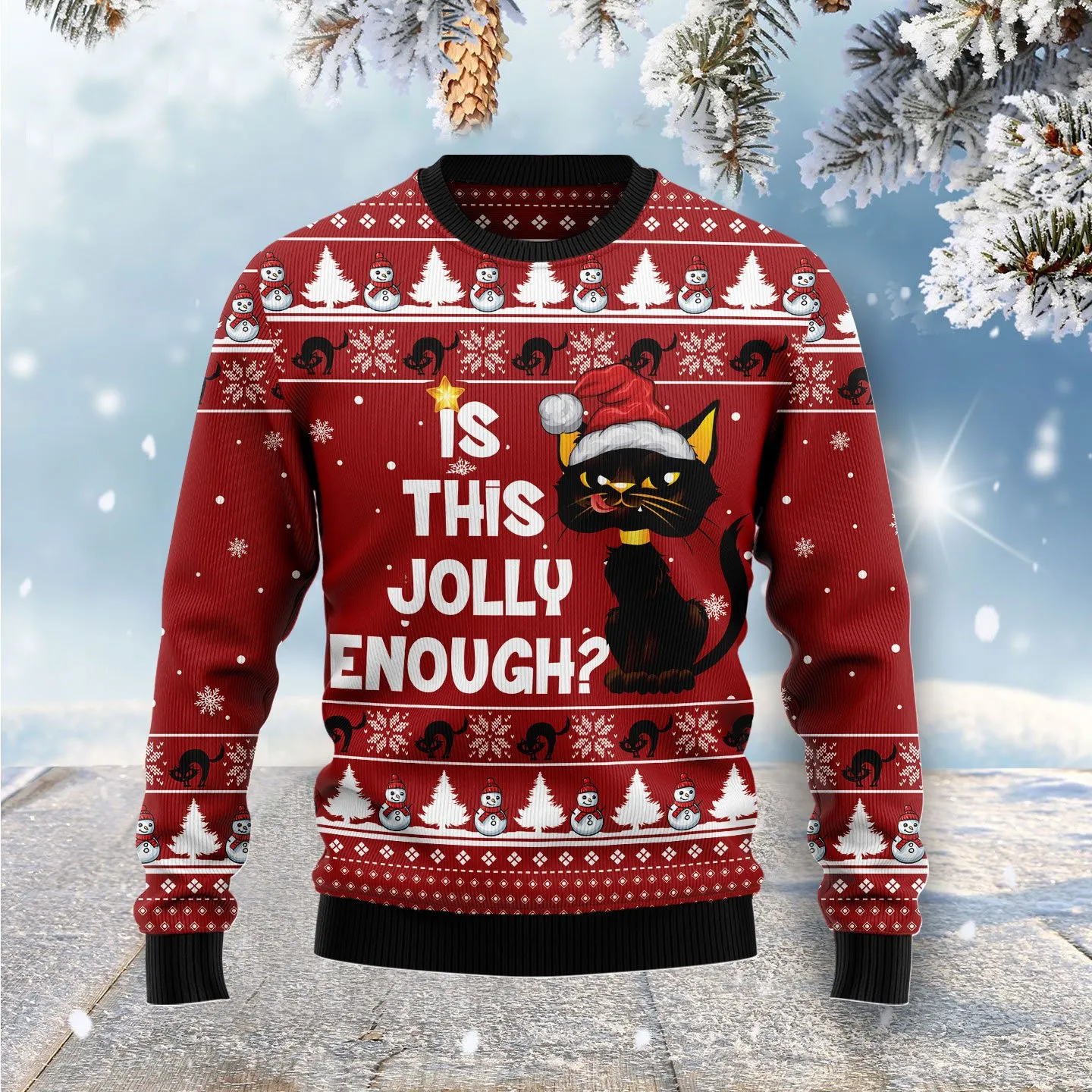 Christmas Ugly Sweater Jolly Enough Black Cat Funny Unisex Sweater Gift