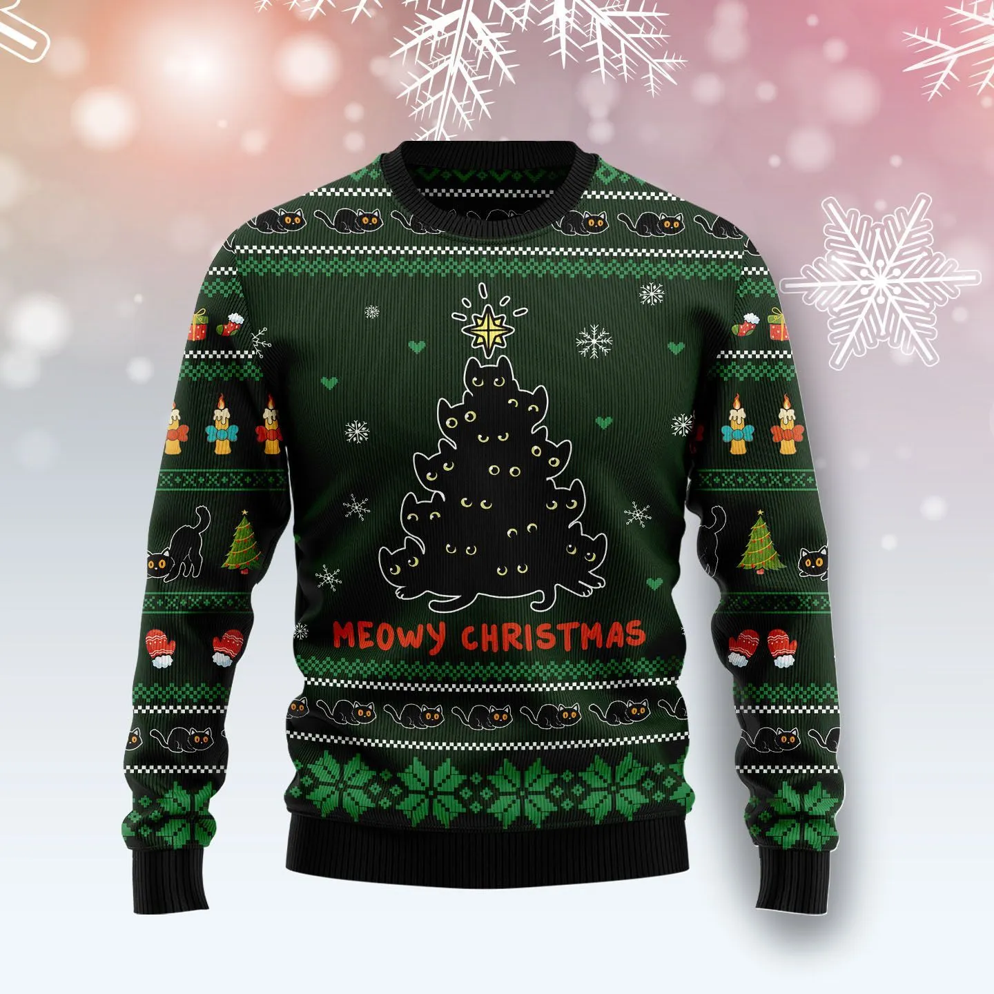 Christmas Ugly Sweater Meowy Christmas Black Cat Funny Unisex Sweater Gift