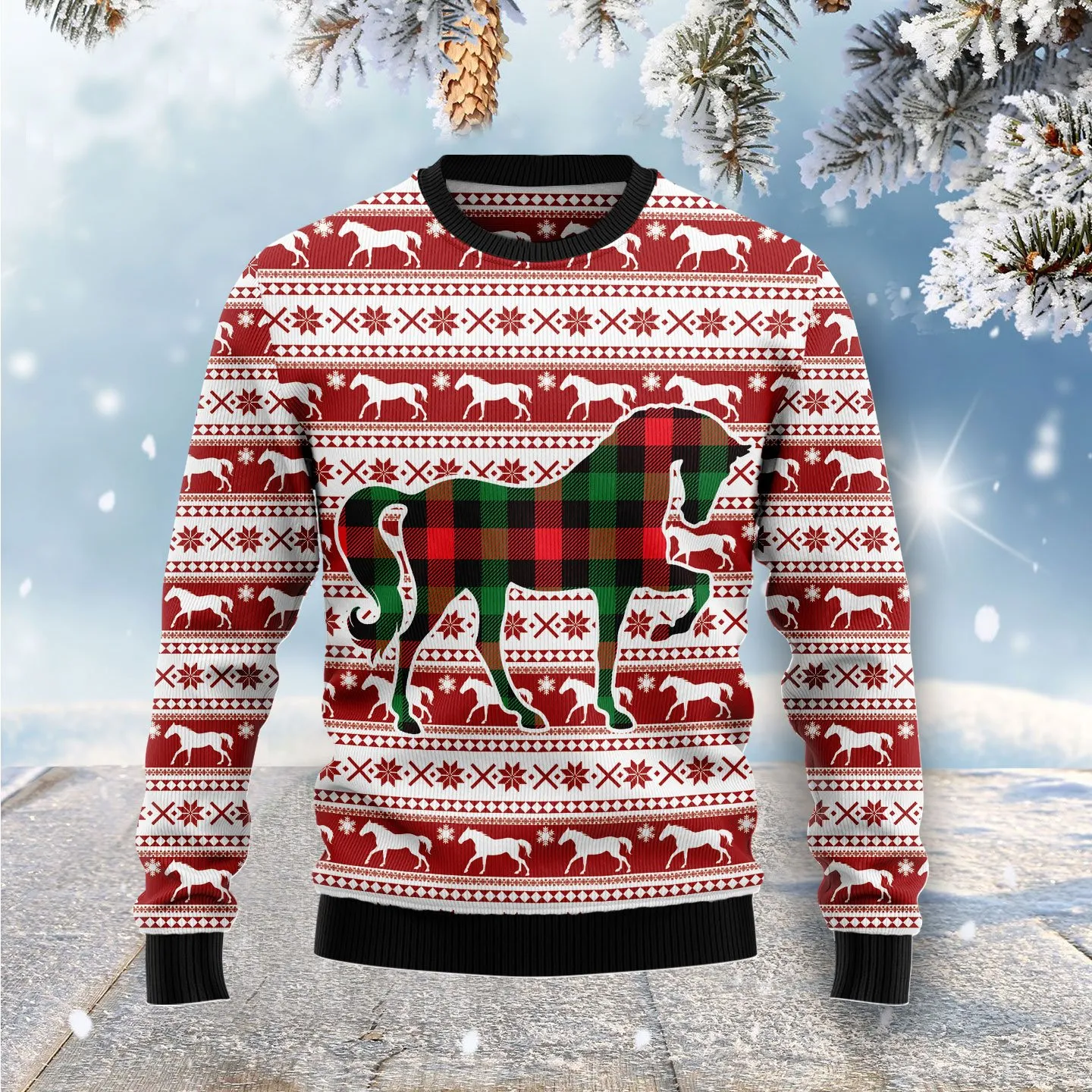 Christmas Ugly Sweater Plaid Pattern Horse Funny Unisex Sweater Gift