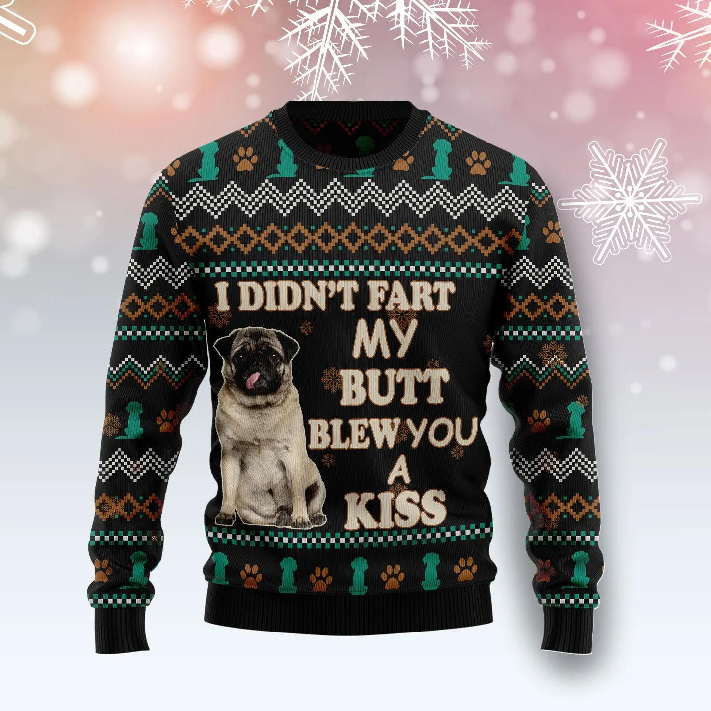 Christmas Ugly Sweater Pug A Kiss Funny Unisex Sweater Gift