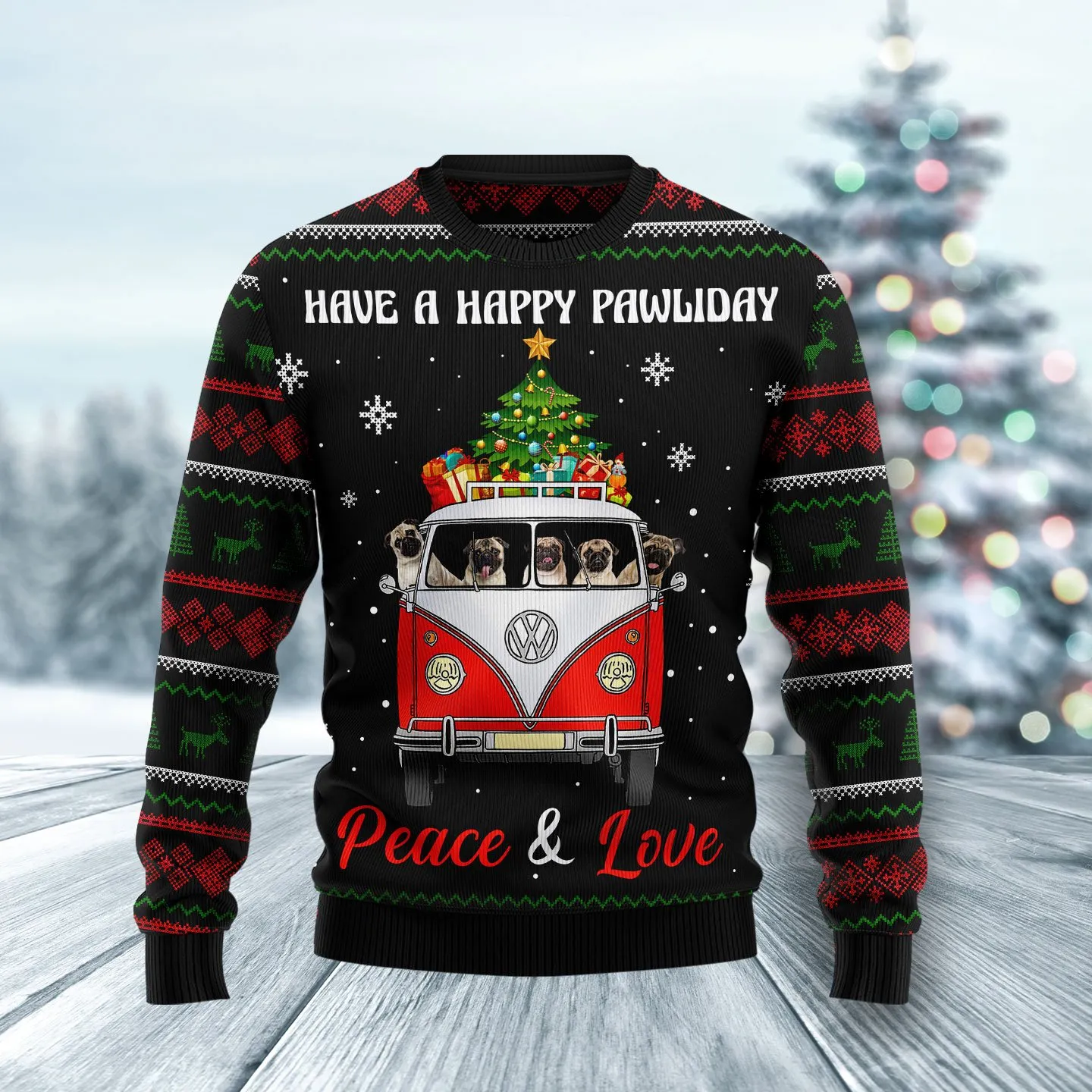 Christmas Ugly Sweater Pug Dogs Carrying Gift Funny Unisex Sweater Gift