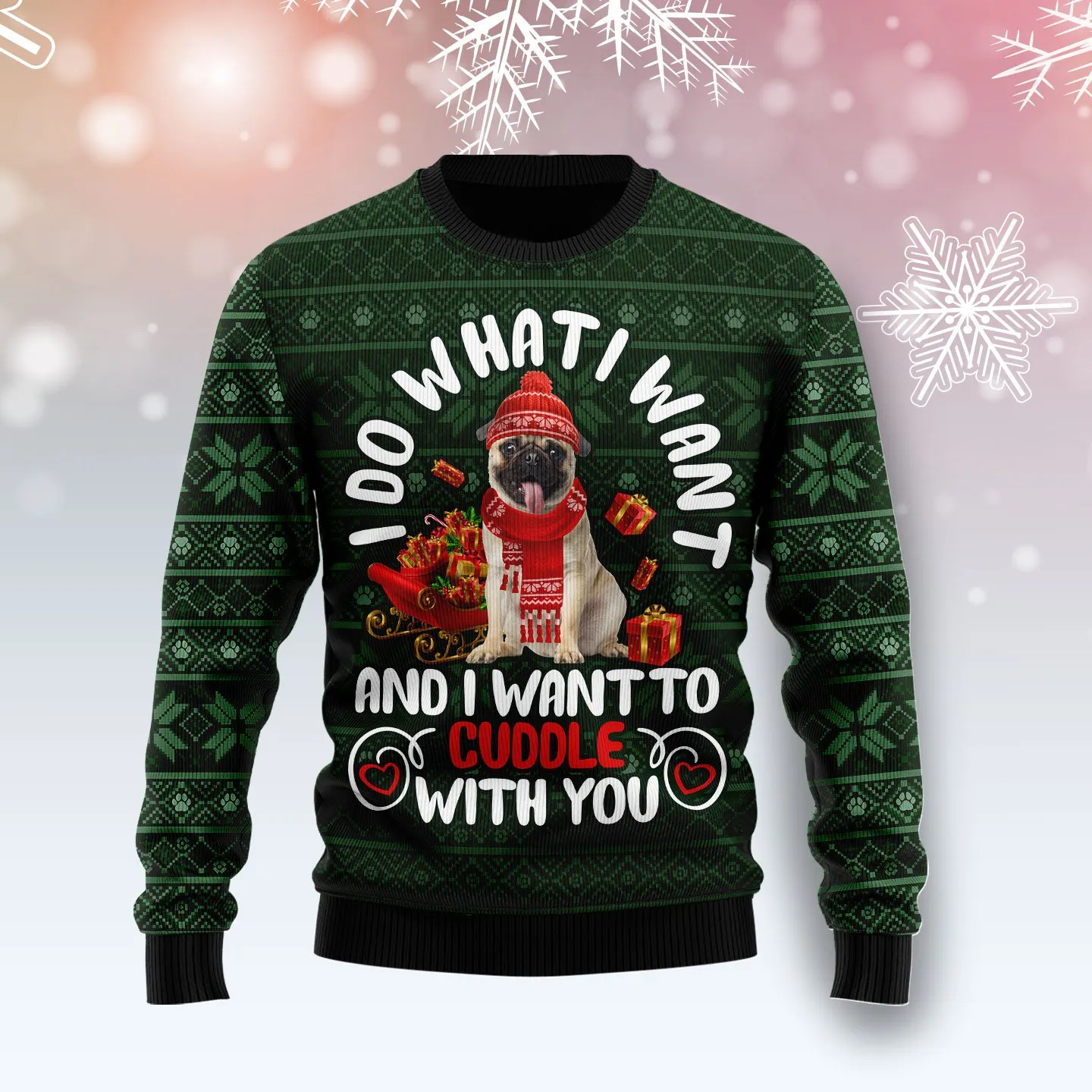 Christmas Ugly Sweater Pug I Want Funny Unisex Sweater Gift