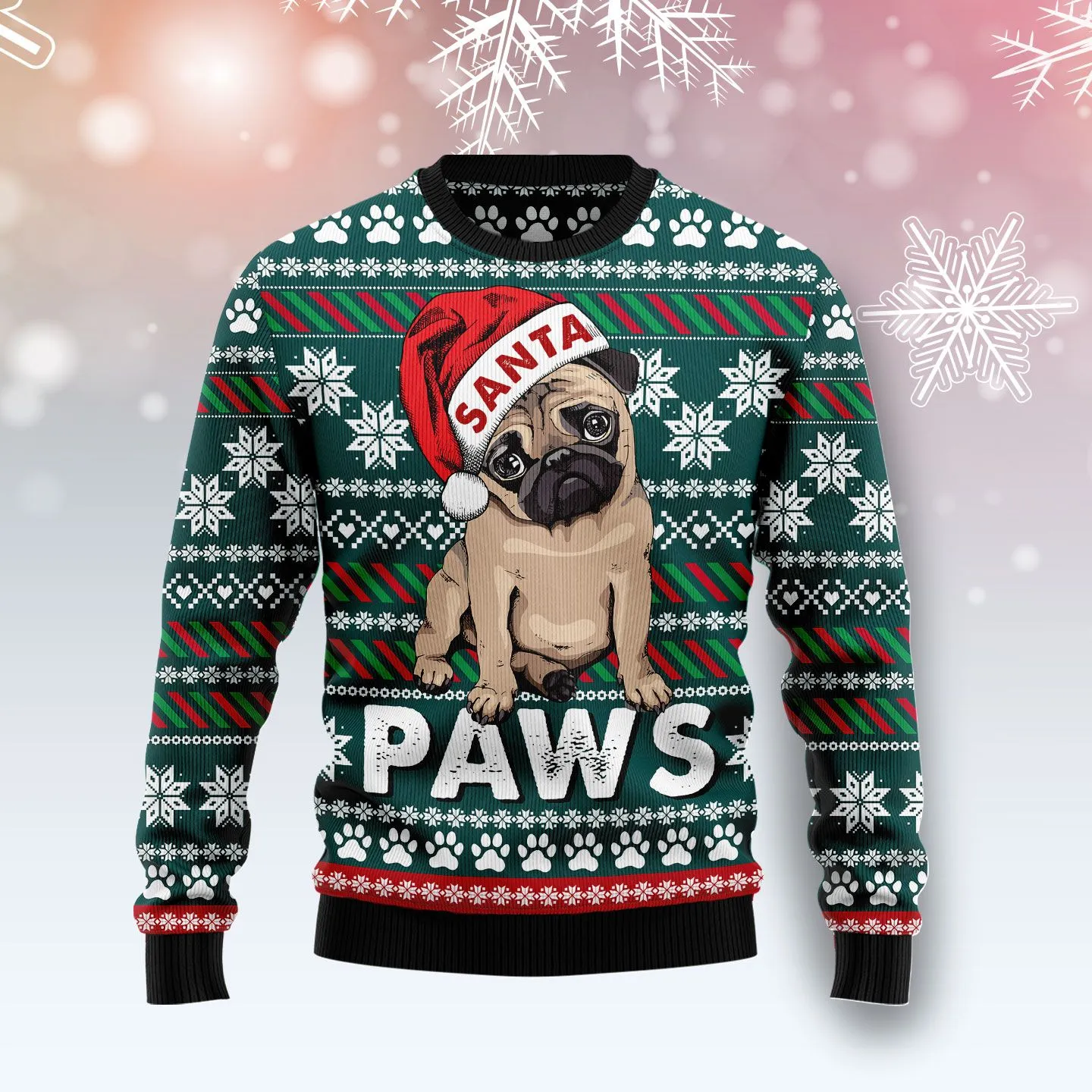 Christmas Ugly Sweater Pug Santa Paws Funny Unisex Sweater Gift