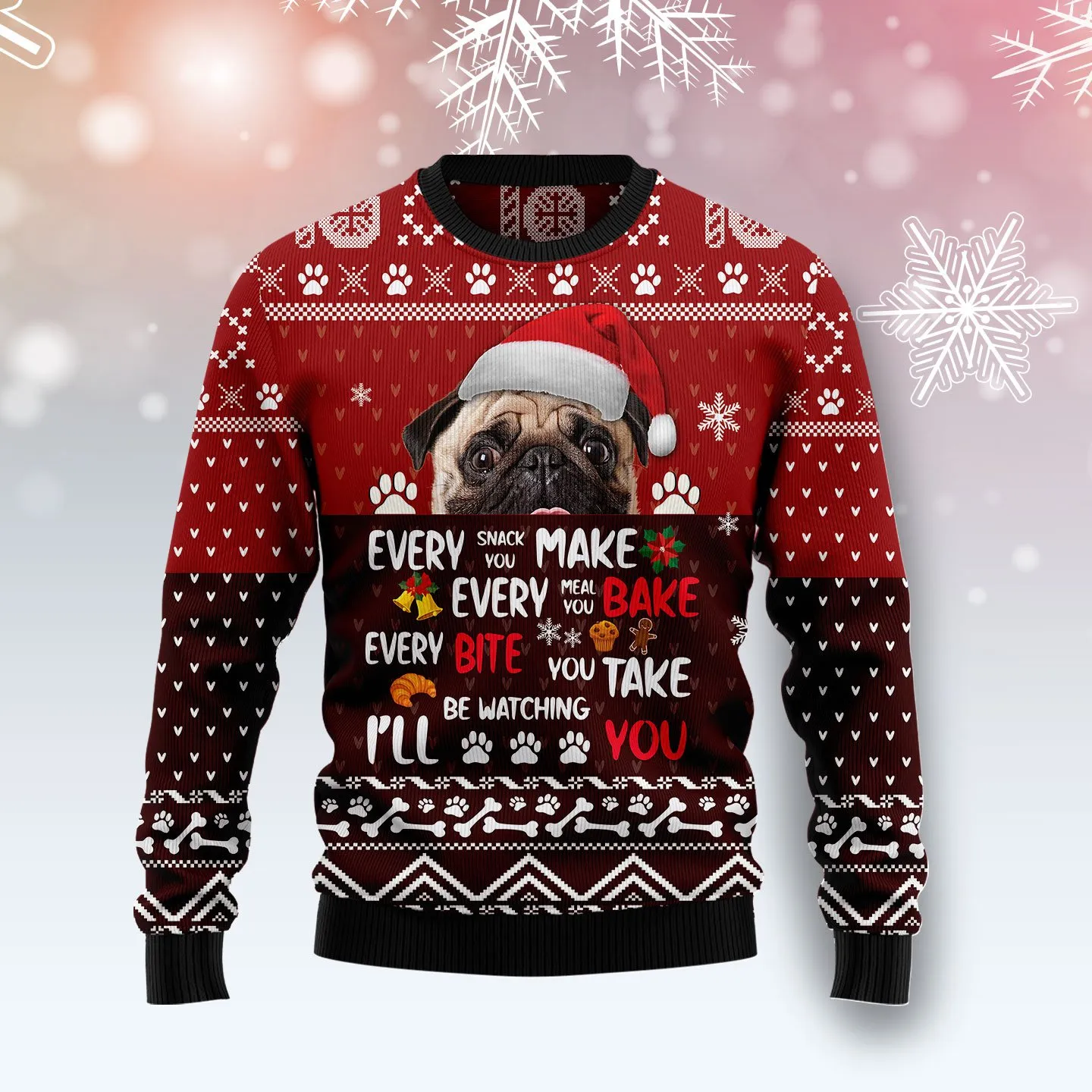 Christmas Ugly Sweater Pug Will Be Watching You Funny Unisex Sweater Gift