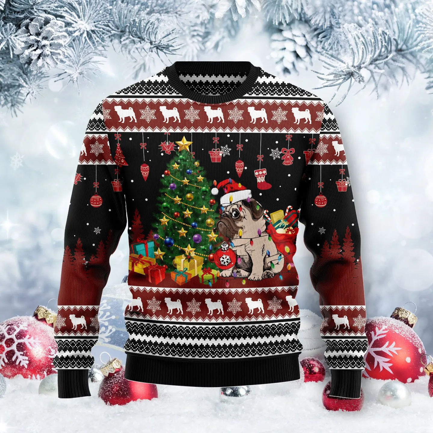 Christmas Ugly Sweater Pug Xmas Pattern Funny Unisex Sweater Gift