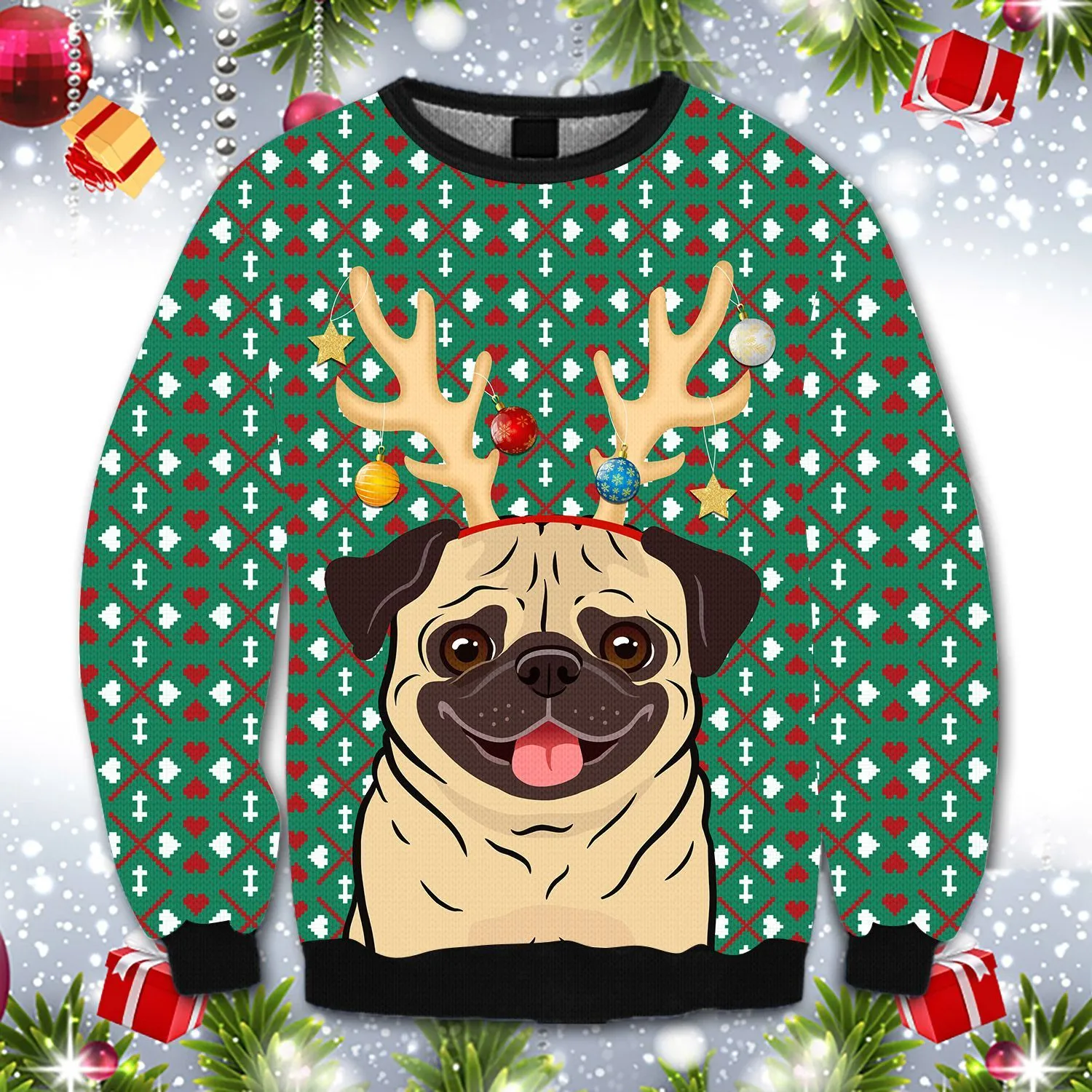 Christmas Ugly Sweater Reindeer Pug Christmas Funny Unisex Sweater Gift