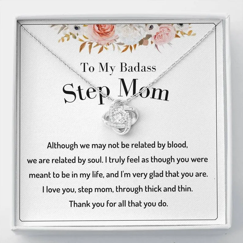 Personalized Necklace Gift For Step Mom Love Knot Necklace With Message Card And Box