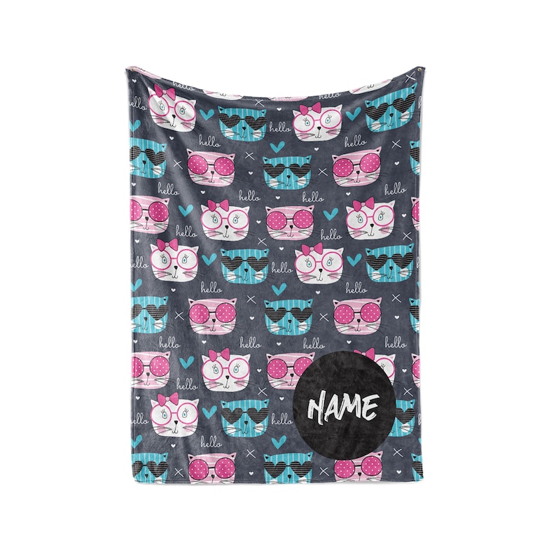 Personalized Blanket Hello Cats Pattern Fleece Blankets Quilt Bedding For Cat Lovers And Kids