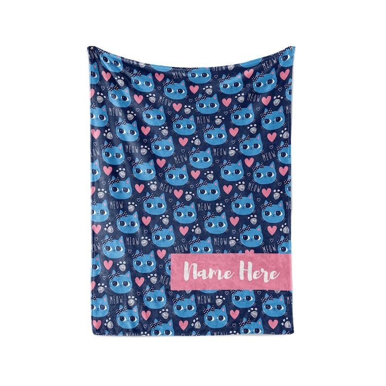 Personalized Blanket Navy Cat Pattern Fleece Blankets Quilt Bedding For Cat Lovers And Kids