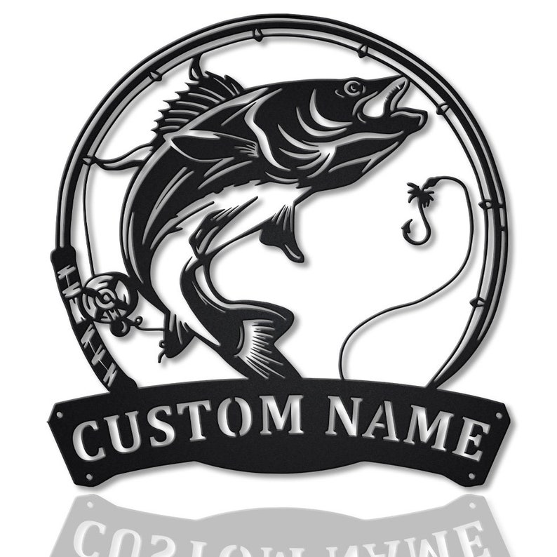 Personalized Walleye Fishing Fish Pole Monogram Metal Sign Wall Art For Home Decoration 8x8 12x12 14x14 18x18 24x24 Inches