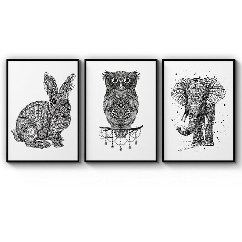 Poster Set Of Animal Mandala Black And White Minimal Owl Rabbit Elephant Poster Prints Wall Art Gift For Home Decoration 12x18 16x24 20x30 24x36 Inches