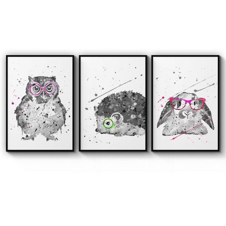Poster Set Of Cute Baby Nursery Animals With Glasses Owl Hedgehog And Rabbit Poster Prints Wall Art Gift For Home Decoration 12x18 16x24 20x30 24x36 Inches