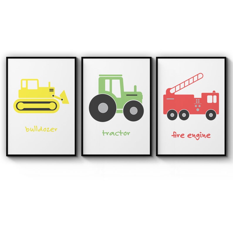 Poster Set Of Nursery Vehicles Toddler Boys Bedroom Bulldozer Tract Fire Engine Gift Poster Prints Wall Art Gift For Home Decoration 12x18 16x24 20x30 24x36 Inches