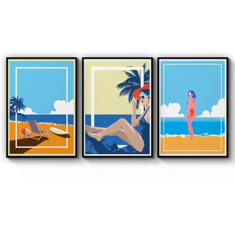 Poster Set Of Retro Fashion Summer Beach Coastal Girls Bedroom Painting Poster Prints Wall Art Gift For Home Decoration 12x18 16x24 20x30 24x36 Inches