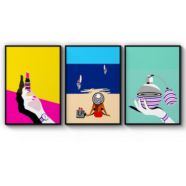 Poster Set Of Retro Fashion Summer Beach Perfume Lipstick Girls Bedroom Painting Wall Poster Prints Wall Art Gift For Home Decoration 12x18 16x24 20x30 24x36 Inches