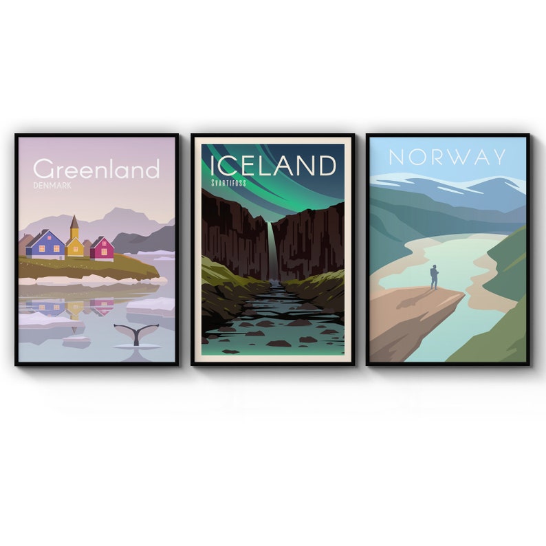Poster Set Of Retro Travel Greenland Iceland Norway Tourism Poster Prints Wall Art Gift For Home Decoration 12x18 16x24 20x30 24x36 Inches