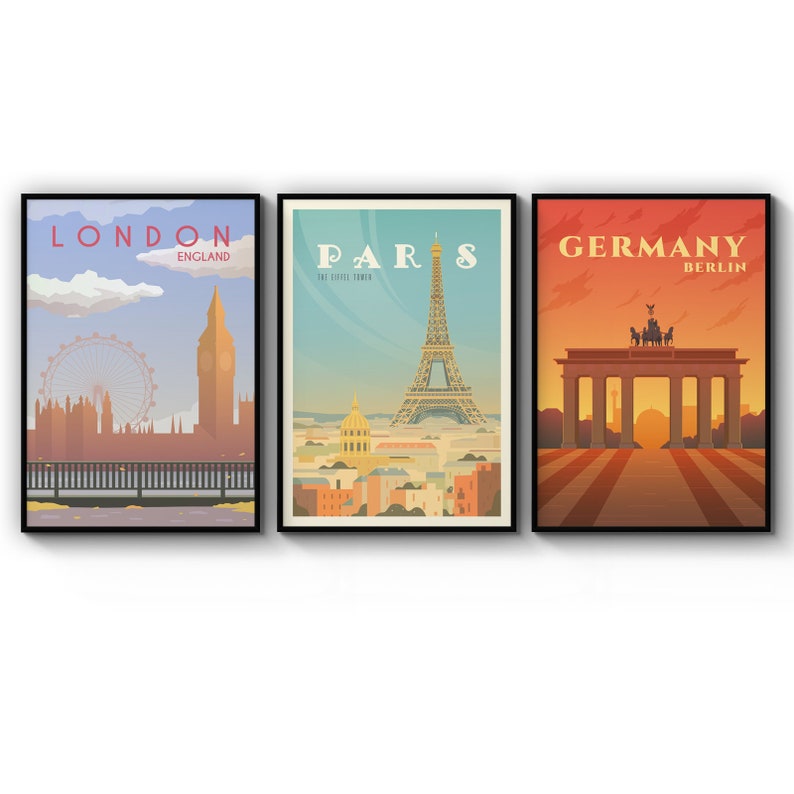 Poster Set Of Retro Travel London Paris Berlin Germany Tourism Poster Prints Wall Art Gift For Home Decoration 12x18 16x24 20x30 24x36 Inches