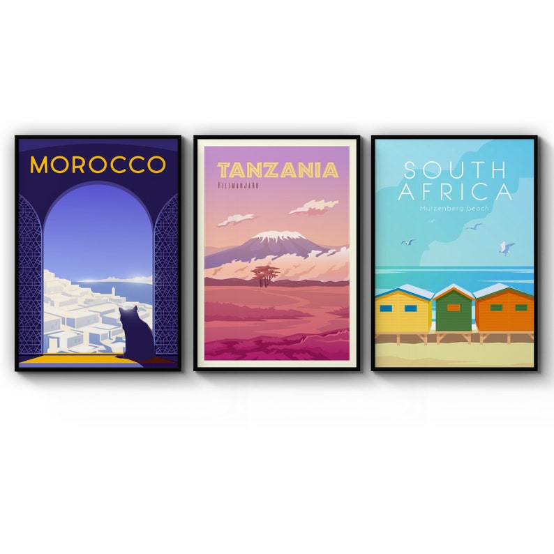 Poster Set Of Retro Travel Morocco Tanzania South Africa Tourism Poster Prints Wall Art Gift For Home Decoration 12x18 16x24 20x30 24x36 Inches
