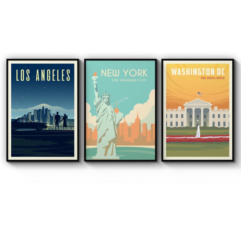 Poster Set Of Retro Travel New York Los Angeles Washington DC Poster Prints Wall Art Gift For Home Decoration 12x18 16x24 20x30 24x36 Inches
