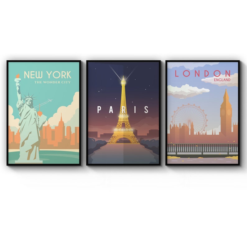 Poster Set Of Retro Travel New York Paris London Tourism Poster Prints Wall Art Gift For Home Decoration 12x18 16x24 20x30 24x36 Inches