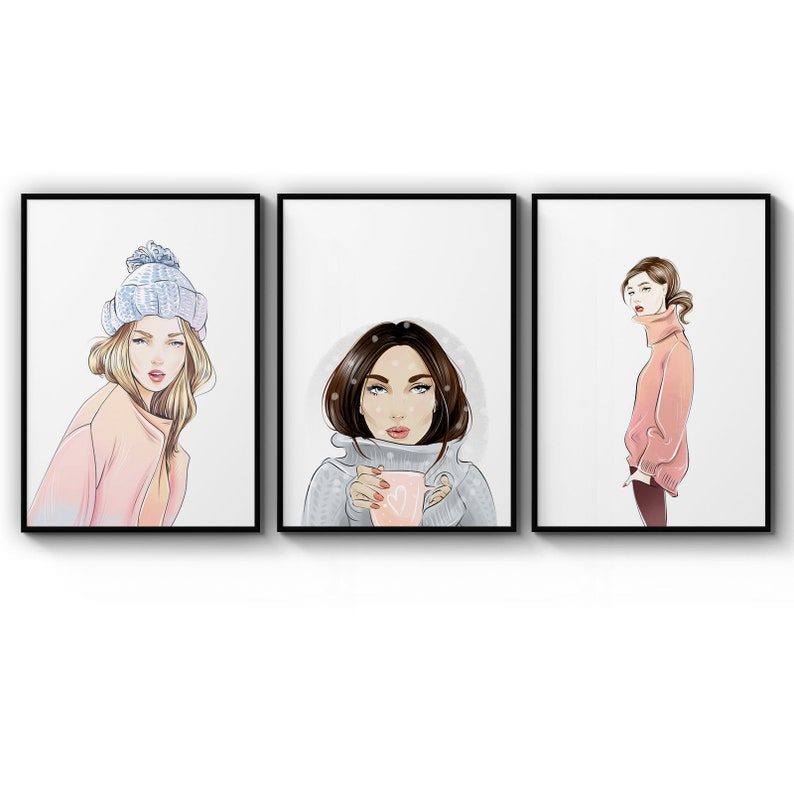 Poster Set Of Retro Winter Fashion Minimal Painting Cute Girl Bedroom Wall Poster Prints Wall Art Gift For Home Decoration 12x18 16x24 20x30 24x36 Inches