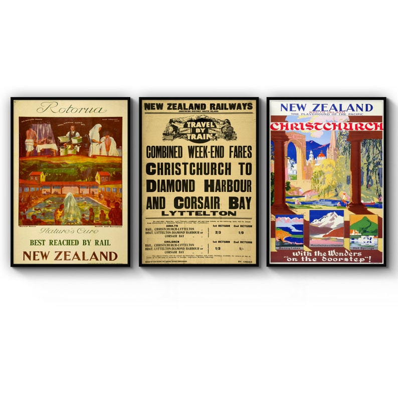 Poster Set Of Vintage New Zealand Travel Tourism Christchurch Rotorua Poster Prints Wall Art Gift For Home Decoration 12x18 16x24 20x30 24x36 Inches