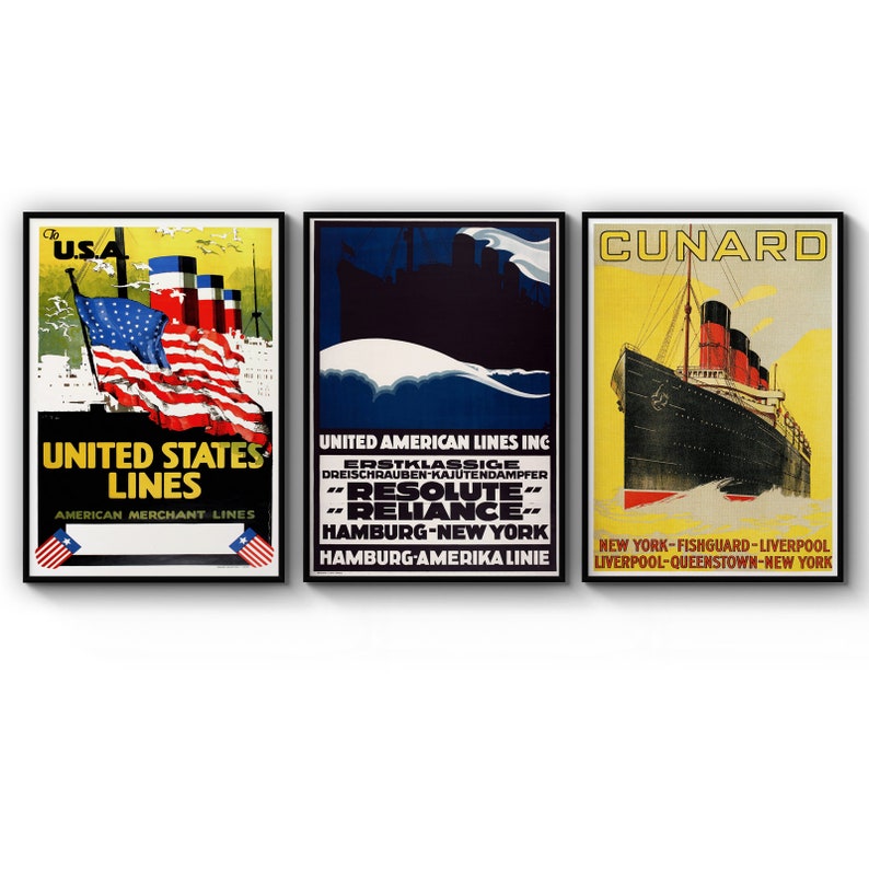 Poster Set Of Vintage Shipping United States Lines Cunard Line United American Poster Prints Wall Art Gift For Home Decoration 12x18 16x24 20x30 24x36 Inches