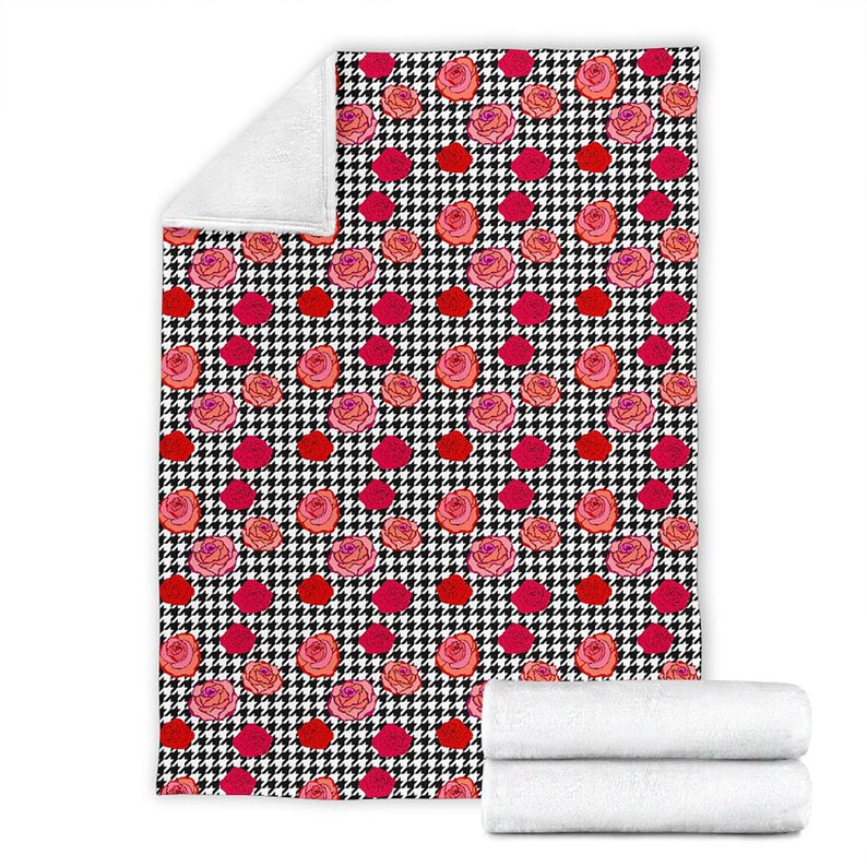 Rose Houndstooth Pattern Fleece Blanket Quilt Bedding Print For Women Men Kids Gifts