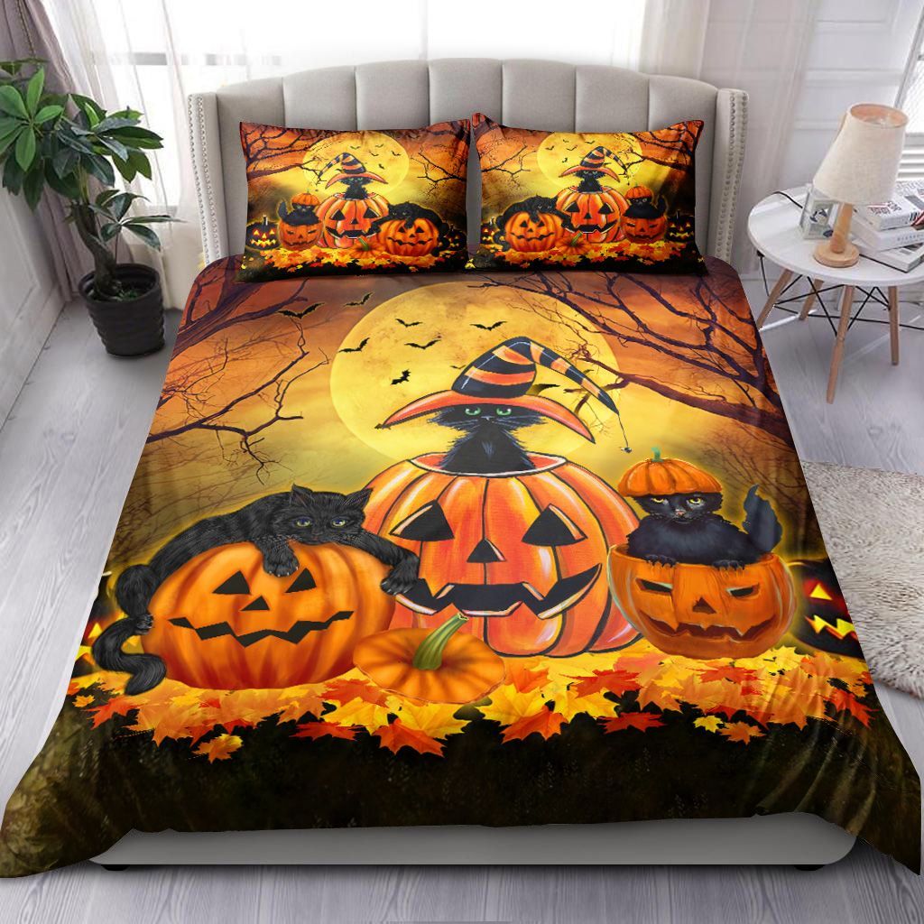 Black Cat And Pumpkin Halloween Bedding 