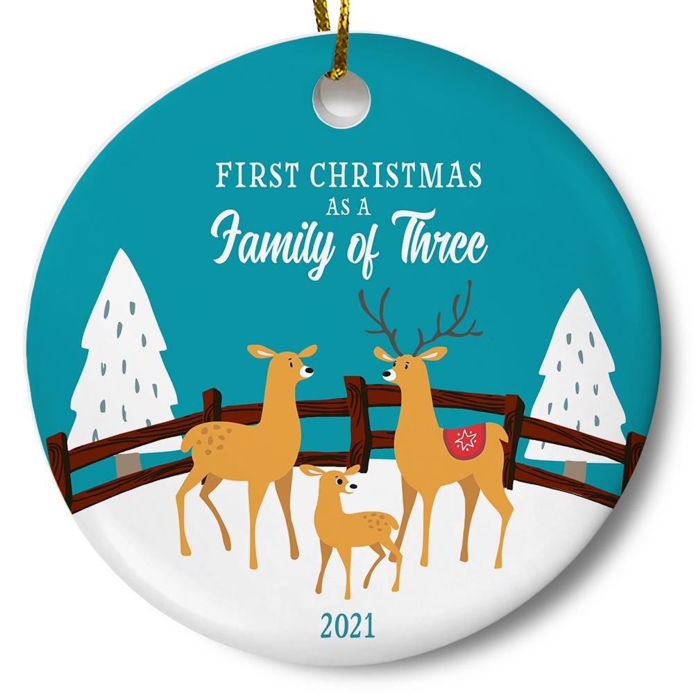 First Christmas As A Family Of Three Ceramic Ornament Gift For Home Decoration Circle Heart Oval Star Shape