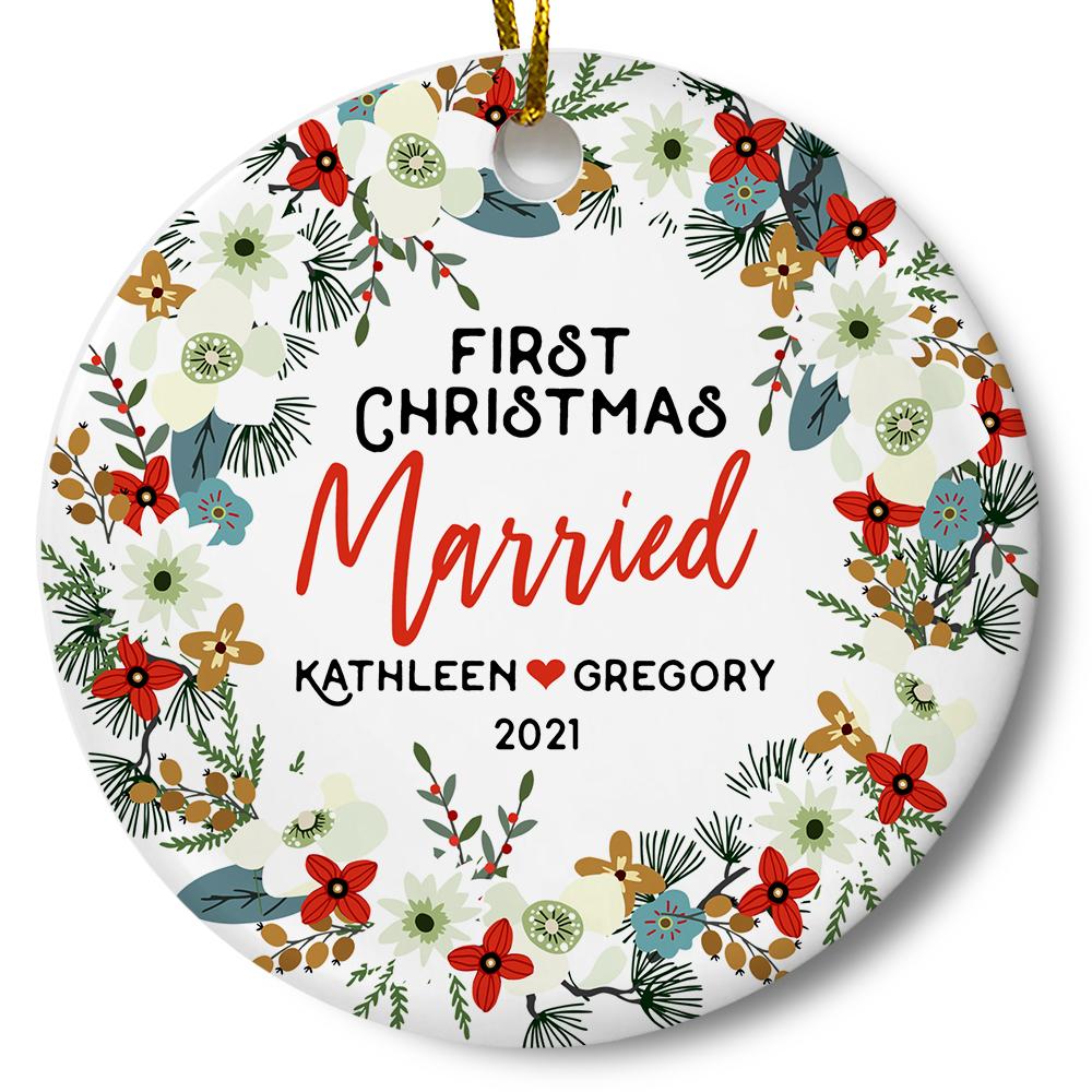 Personalized First Christmas Married Ceramic Ornament Gift For Home Decoration Circle Heart Oval Star Shape